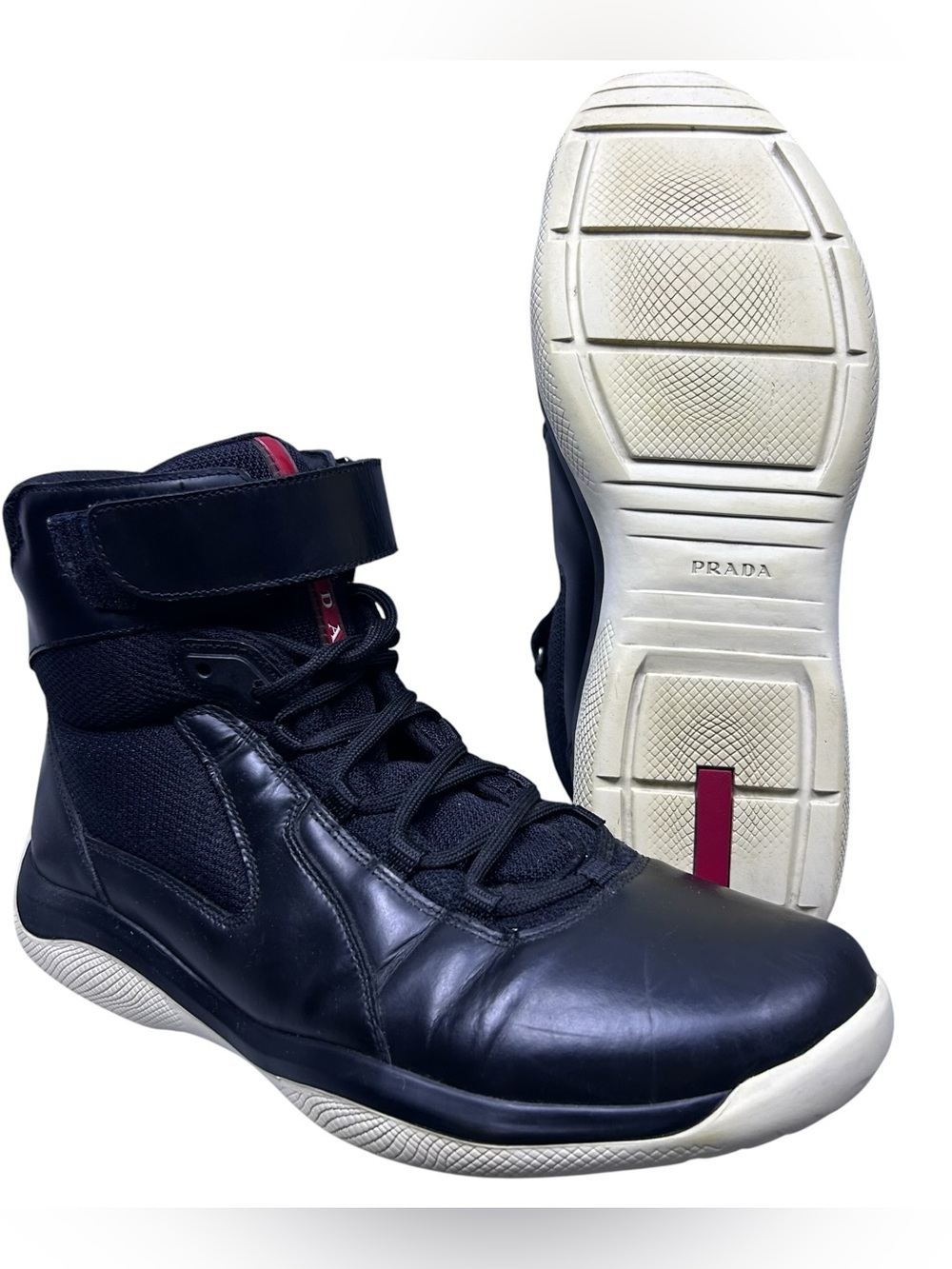 Prada Punta Ala High Top Leather Sneakers 4T 2964 Mens 10 US Black Strap Boots